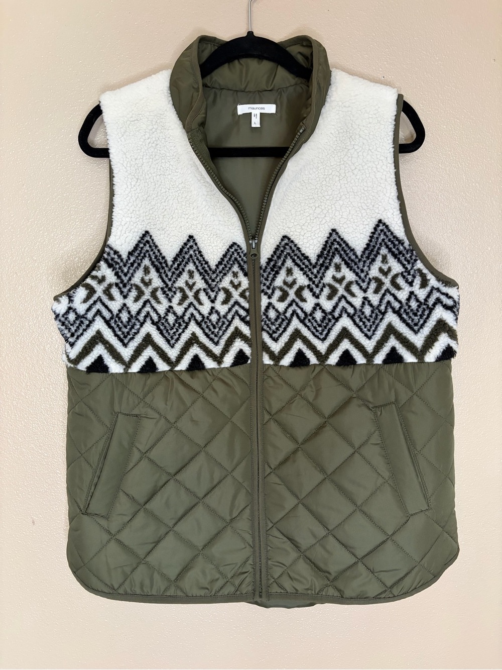Maurices Olive Quilted Vest with White Sherpa & Black Pattern